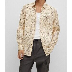 HUGO BOSS Shirt Mens 17 43 Tan Spotted Button Up Extra Slim Fit ELISHA $138
